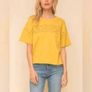 Hem & Thread Cotton Cropped Top with Eyelet Detail in Mustard Yellow - Size L